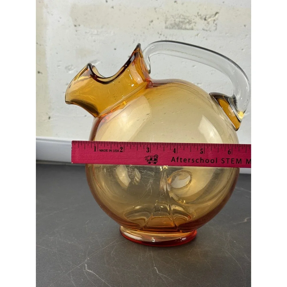 Vintage Cambridge Amber Hand Blown Glass Tilt Pitcher‎ Clear Handle MCM 8.5